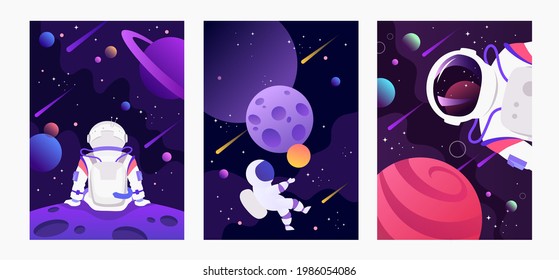 Set of dark space banners. Astronaut in space. Planets of the solar system. Space travel and exploration. Set of cartoon vector templates for  cards, flyers, brochures.