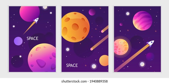 Set of dark space cards. Vector illustration. Universe, galaxy, planets and stars. Rocket launch. Place for your text. Modern design for children. Cover templates, posters and flyers 