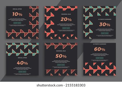 Set of dark square advertising web banners with geometric pattern. Trendy sale and discount promo backgrounds for social media mobile applications. Vector editable background EPS 10