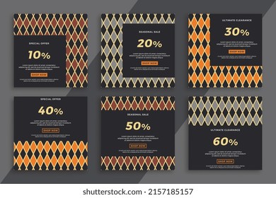 Set of dark square advertising web banners with geometric pattern. Trendy sale and discount promo backgrounds for social media mobile applications. Simple vector editable background EPS 10