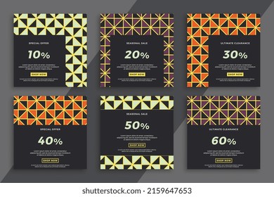 Set of dark square advertising web banners with geometric pattern. Modern sale and discount promo backgrounds for social media mobile applications. Simple vector editable background EPS 10