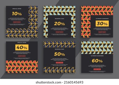 Set of dark square advertising web banners with geometric pattern. Modern sale and discount promo backgrounds for social media mobile applications. Simple vector editable background EPS 10