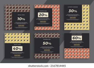 Conjunto de banners web de publicidad cuadrada oscura con un patrón geométrico. Moderna venta y descuento de fondos promocionales para aplicaciones móviles de medios sociales. EPS de fondo simple modificable vectorial 10