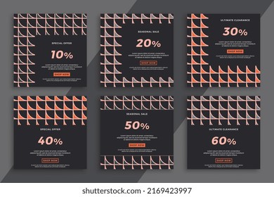 Set of dark square advertising web banners with geometric pattern. Modern sale and discount promo backgrounds for social media mobile applications. Simple vector editable background EPS 10
