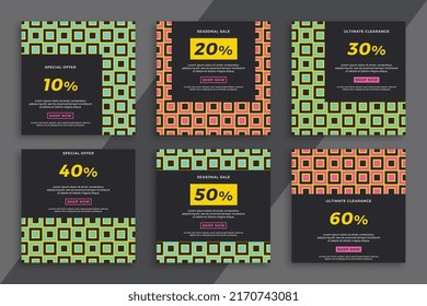 Set of dark square advertising web banners with geometric pattern. Modern sale and discount promo backgrounds for social media mobile applications. Simple vector editable background EPS 10