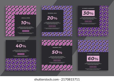 Set of dark square advertising web banners with geometric pattern. Modern sale and discount promo backgrounds for social media mobile applications. Simple vector editable background EPS 10