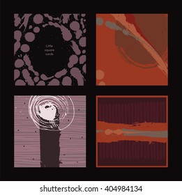 Set of dark square cards, handdrawn, decorated with liquid ink brush splashes, blots, stripes, strokes and spots. Isolated on background vector branding illustration, stylish, with imperfect parts