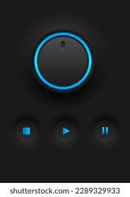 A set of dark style control knobs, circular sound playback for turning and There is a glowing circle with a keypad with a glowing icon in the middle of the black background.