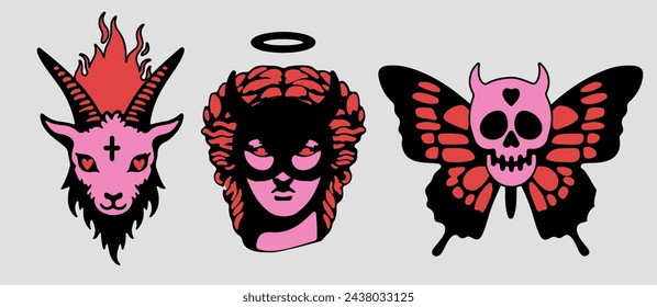 Set of dark surreal gothic illustrations of a goat head, a sculpture and a butterfly in black and red colors for transfer tattoos and stickers.