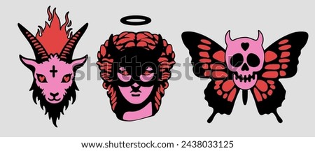 Set of dark surreal gothic illustrations of a goat head, a sculpture and a butterfly in black and red colors for transfer tattoos and stickers.