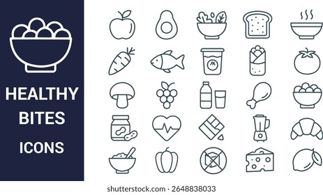 A set of dark teal line art icons depicting various healthy food items including fruits vegetables and proteins arranged in a grid pattern on a white background