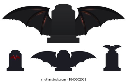 Set with dark tombstones silhouettes decorated with vampire bat spread wings, over white background.