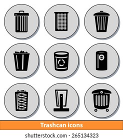 Set of dark trashcan icons with reflection line 