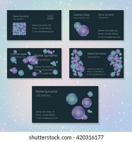 Set of dark vector business cards with blue and violet bubbles and place for your text.