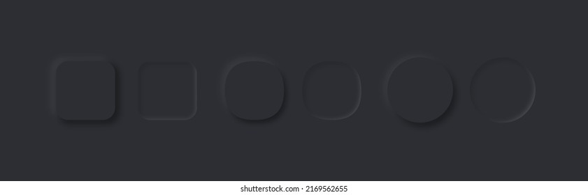 Set of dark vector buttons in neomorphism style. Black soft design elements for UI. Neomorphic buttons for apps, webs, interfaces.