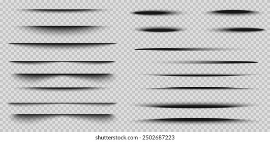 Set of dark vector transparent horizontal overlay shadows. Collection of poster ,banner, flyer, card, shadows. Realistic design elements on an isolated transparent background for your design.