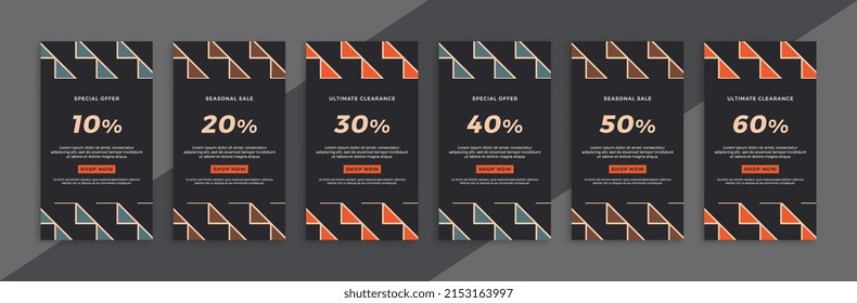 Set of dark vertical promotional web banners with geometric pattern. Trendy sale and discount promo backgrounds for social media mobile app stories. Vector editable background EPS 10