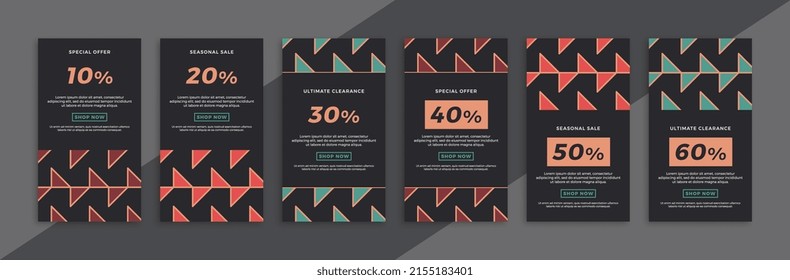 Set of dark vertical promotional web banners with geometric pattern. Trendy sale and discount promo backgrounds for social media mobile app stories. Vector editable background EPS 10