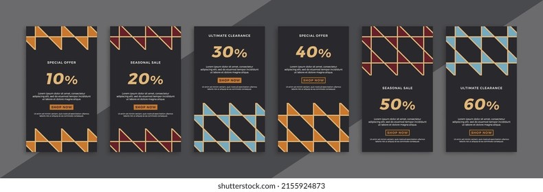 Set of dark vertical promotional web banners with geometric pattern. Modern sale and discount promo backgrounds for social media mobile app stories. Vector editable background EPS 10