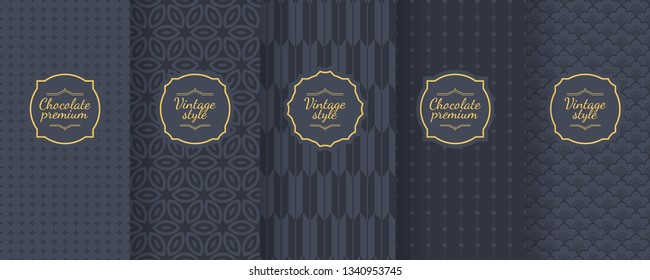 Set of dark vintage seamless backgrounds for luxury packaging design. Geometric pattern in black. Suitable for premium boxes of cosmetics, wine, jewelry. Elegant vector ornament set. Fabric print.