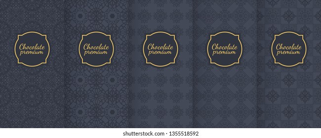 Set of dark vintage seamless backgrounds for luxury packaging design. Geometric pattern in black. Suitable for premium boxes of cosmetics, wine, jewelry. Elegant vector ornament set. Fabric print.