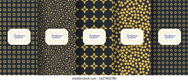 Set of dark vintage seamless backgrounds for luxury packaging design. Geometric pattern in black. Suitable for premium boxes of cosmetics, wine, jewelry. Elegant vector ornament set. Fabric print.