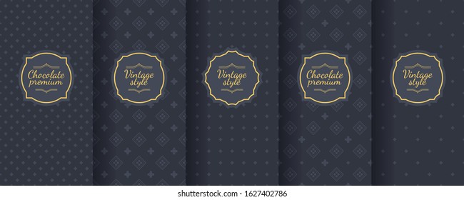 Set of dark vintage seamless backgrounds for luxury packaging design. Geometric pattern in black. Suitable for premium boxes of cosmetics, wine, jewelry. Elegant vector ornament set. Fabric print.
