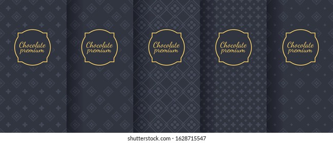 Set of dark vintage seamless backgrounds for luxury packaging design. Geometric pattern in black.   Elegant vector ornament set. Fabric print.