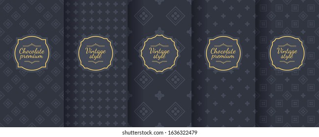 Set of dark vintage seamless backgrounds for luxury packaging design. Geometric pattern in black. Suitable for premium boxes of cosmetics, wine, jewelry. Elegant vector ornament set. Fabric print.