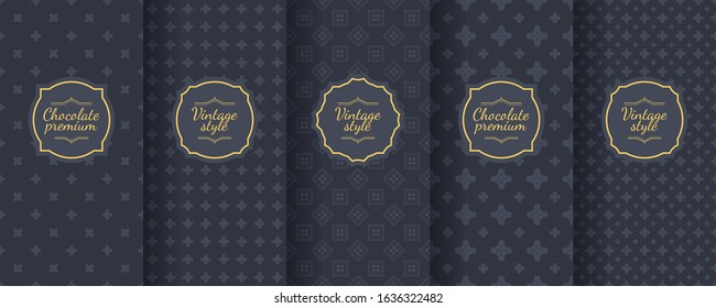 Set of dark vintage seamless backgrounds for luxury packaging design. Geometric pattern in black. Suitable for premium boxes of cosmetics, wine, jewelry. Elegant vector ornament set. Fabric print.