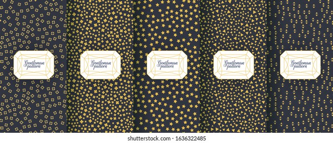 Set of dark vintage seamless backgrounds for luxury packaging design. Geometric pattern in black. Suitable for premium boxes of cosmetics, wine, jewelry. Elegant vector ornament set. Fabric print.