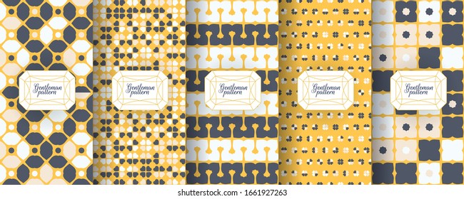 Set von dunklen Vintage nahtlosen Hintergründen für luxuriöses Verpackungsdesign. Geometrisches Muster in Schwarz. Geeignet für hochwertige Verpackungen aus Kosmetik, Wein, Schmuck. Elegantes Vektorillustration-Ornament. Stoffdruck.