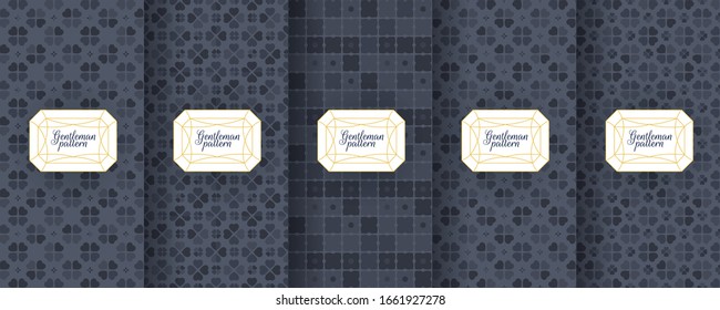 Set of dark vintage seamless backgrounds for luxury packaging design. Geometric pattern in black. Suitable for premium boxes of cosmetics, wine, jewelry. Elegant vector ornament set. Fabric print.
