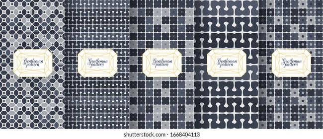 Set of dark vintage seamless backgrounds for luxury packaging design. Geometric pattern in black. Suitable for premium boxes of cosmetics, wine, jewelry. Elegant vector ornament set. Fabric print.