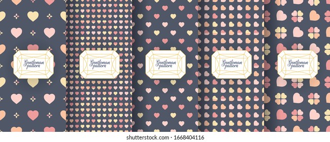 Set of dark vintage seamless backgrounds for luxury packaging design. Geometric pattern in black. Suitable for premium boxes of cosmetics, wine, jewelry. Elegant vector ornament set. Fabric print.
