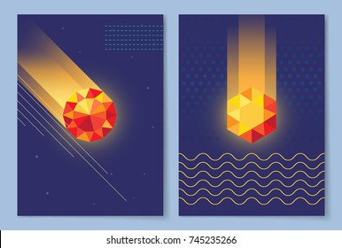 Set of dark wallpapers with shiny diamonds drawn in golden shades surrounded by wavy lines and lights. Vector illustration with patterns on dark background