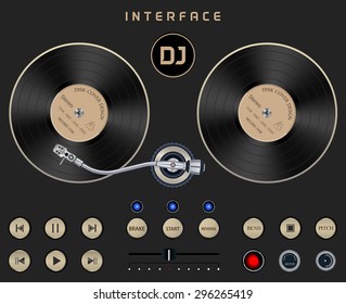 Set Dark Web UI Elements Turntable. Buttons, Switches, bars, power buttons, sliders. Vector illustration DJ Interface on Dark Isolated Background