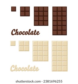 Set of dark and white chocolate bar. Yummy dark bitter and milky choco part . Cacao sweet food design. Flat vector illustration isolated on white background.	