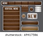 A set of dark wood website elements, drop down menus, buttons, and a new sign. Modern and masculine.