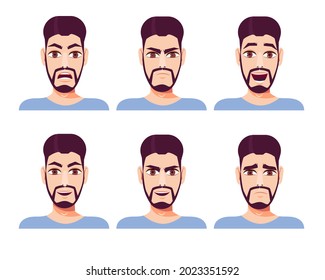 Set of dark-haired bearded man with different facial expressions. Vector illustration in cartoon style.