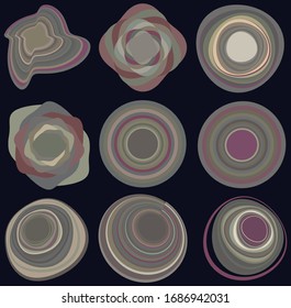 set of darkish, dark helix, volute shapes. spiral, twirl, swirl geometric illustration. cochlear shapes with coil and rotation distortion effect. smudged, smeared whirl elements