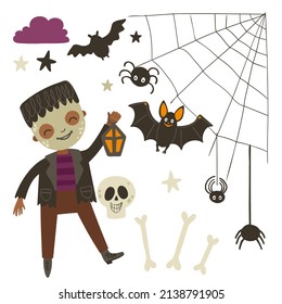 Set with a dark-skinned boy in a zombie costume, a web, a spider, a bat and skeletons. Halloween autumn vector illustration with cute little zombie.