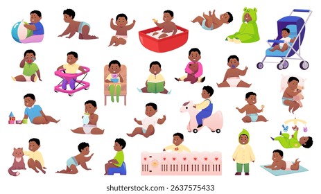 Set of dark-skinned little boys in different actions and poses, vector illustration. Babies playing, bathing, sitting, lying and more. Care and development. Flat style . Isolated background.