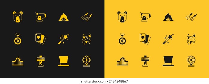 Pfeil einstellen, Attraktionskarussell, Zauberstab, Zylinder-Hut, Spielkarten, Zirkuszelt, Bärenkopf und Kanonen-Symbol. Vektor