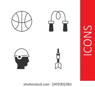 Set Dart arrow, Basketball ball, Baseball helmet and Jump rope icon. Vector