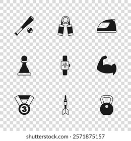 Set Dart arrow, Bodybuilder showing his muscles, Weight, Smart watch with heart, Racing helmet, Baseball bat ball, Sport expander and Chess icon. Vector