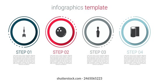 Set Dart arrow, Bowling ball, pin and Fitness mat roll. Business infographic template. Vector