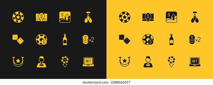Set Dart arrow, Casino dealer, Bottle of wine, chips, Football betting money, Financial growth increase,  and Stacks paper cash icon. Vector