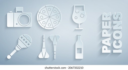 Set Dart arrow, Cocktail and alcohol drink, Maracas, Beer bottle, Pizza and Photo camera icon. Vector