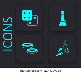 Set Dart arrow, Game dice, Chess and Checker game chips icon. Black square button. Vector